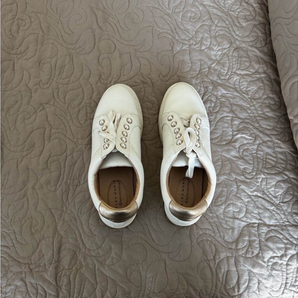 White Leather Sneakers with Gold Accents